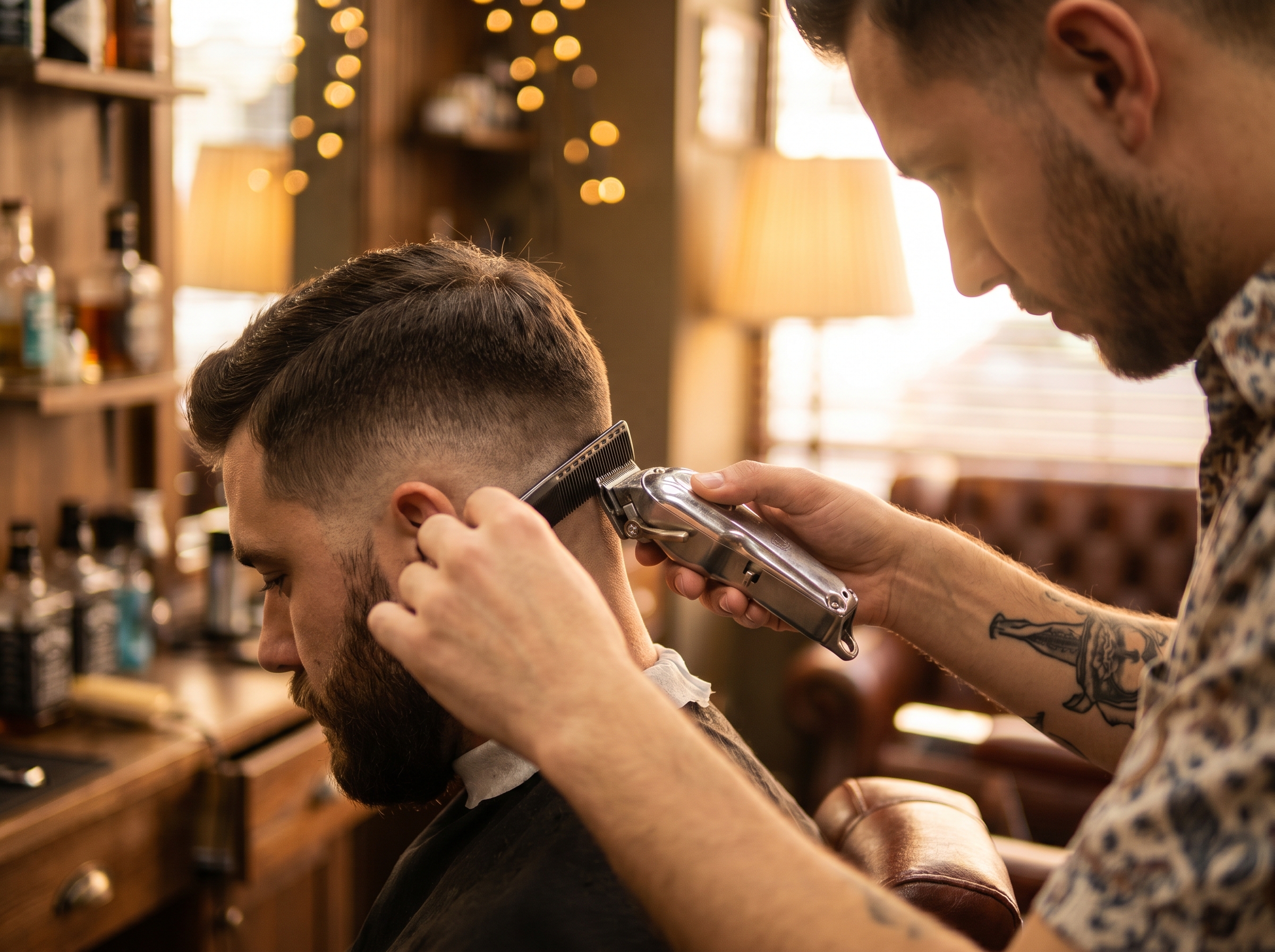 Barber giving a precision skin fade