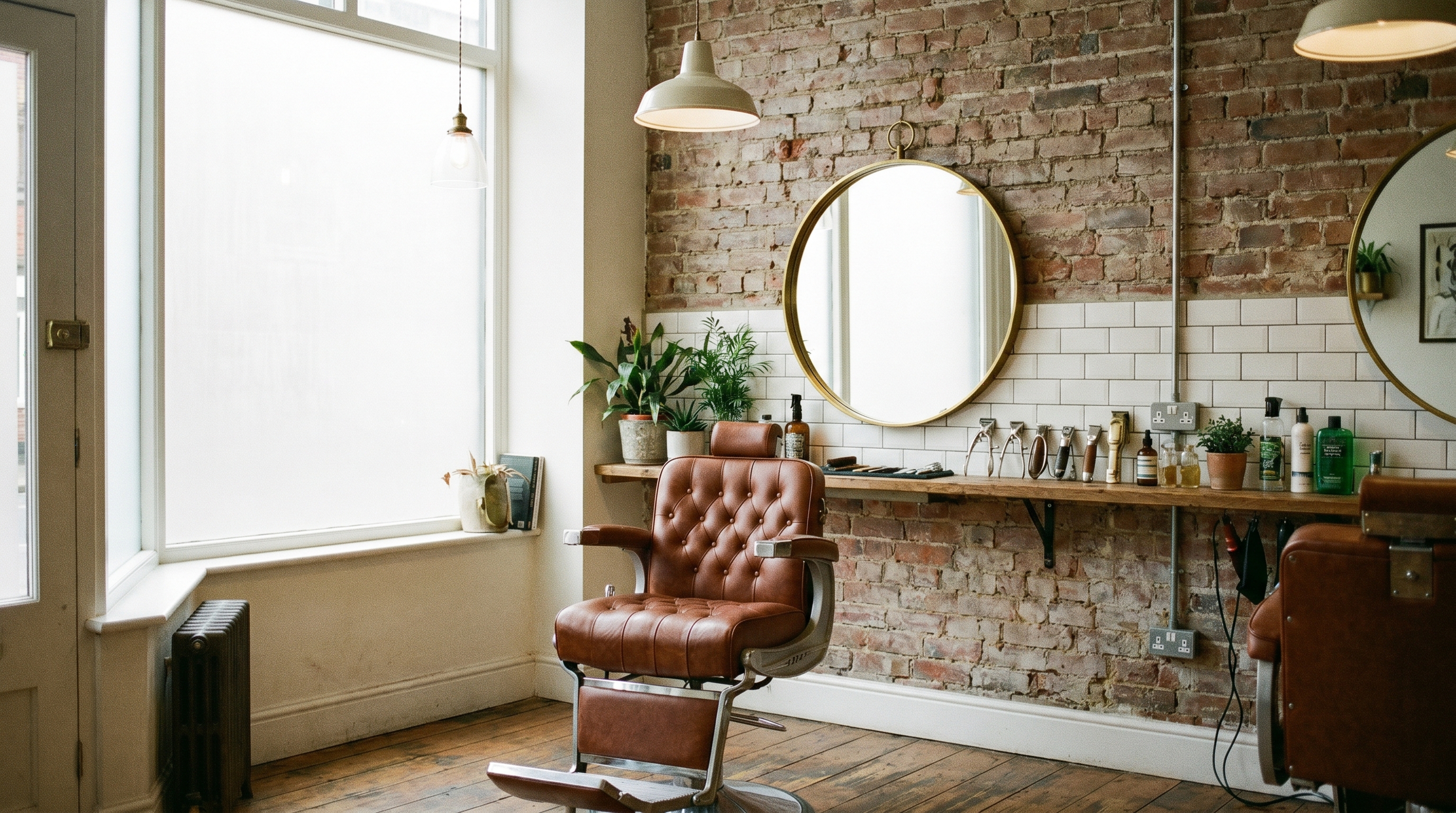 HONE Barbers interior — leather chair, exposed brick, warm light