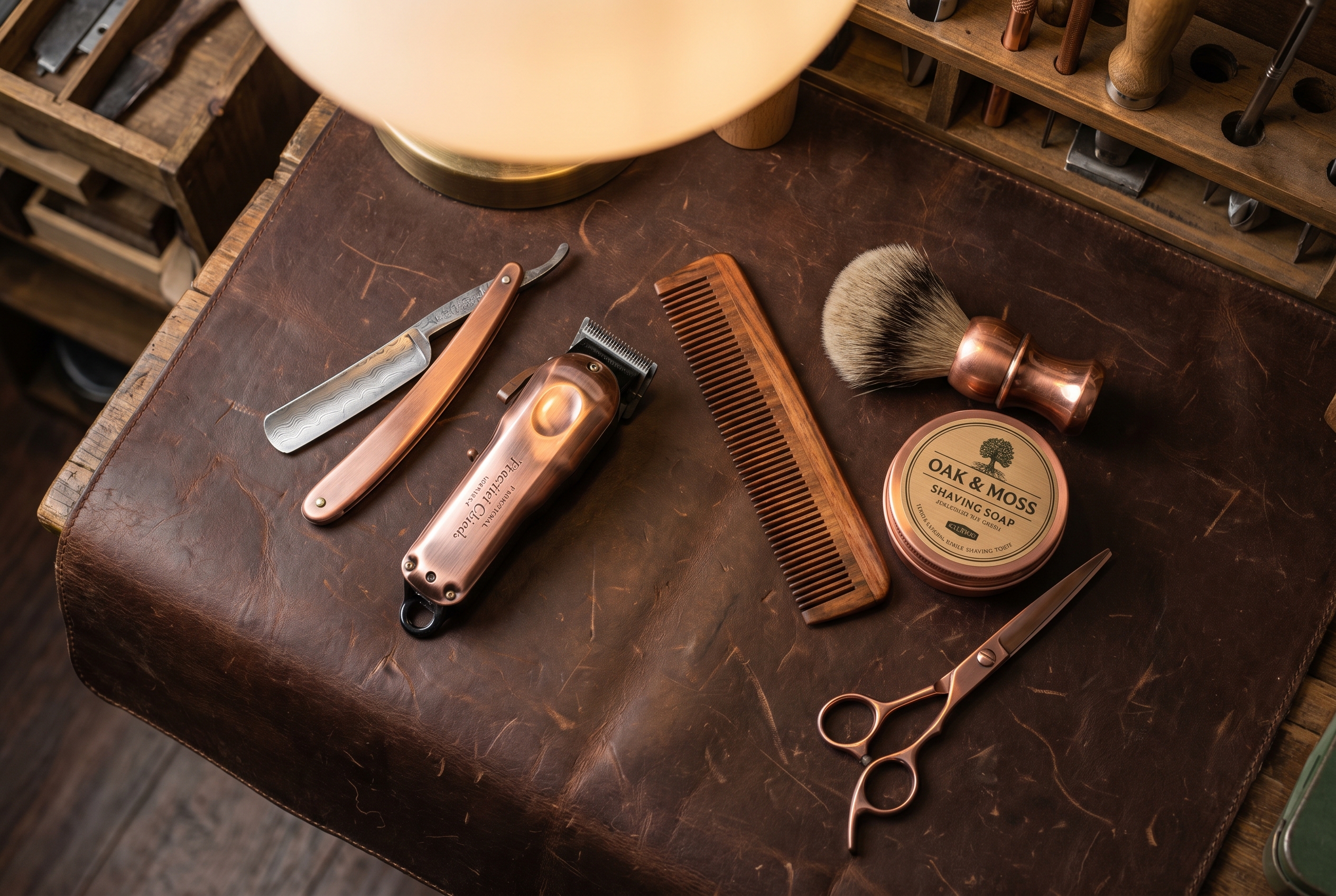 Barber tools arranged on leather surface